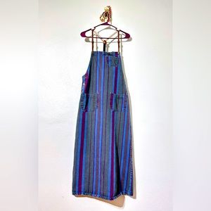 Vtg 90s Y2K Color Block Denim Blue Jean Suspenders Jumper Overalls Dress
